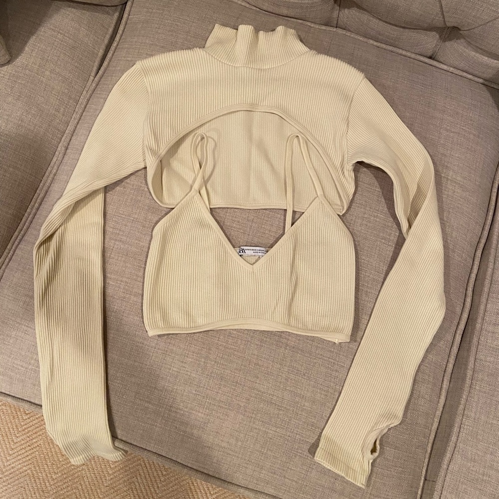 Zara ivory cropped ribbed tank top with matching sleeves